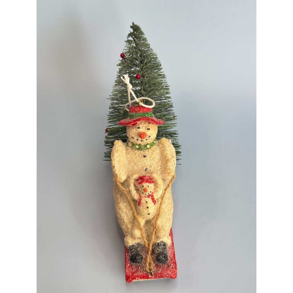 Snowman & Snowchild Sledding with Bottle Brush Christmas Tree Ornament - Picture 5 of 7